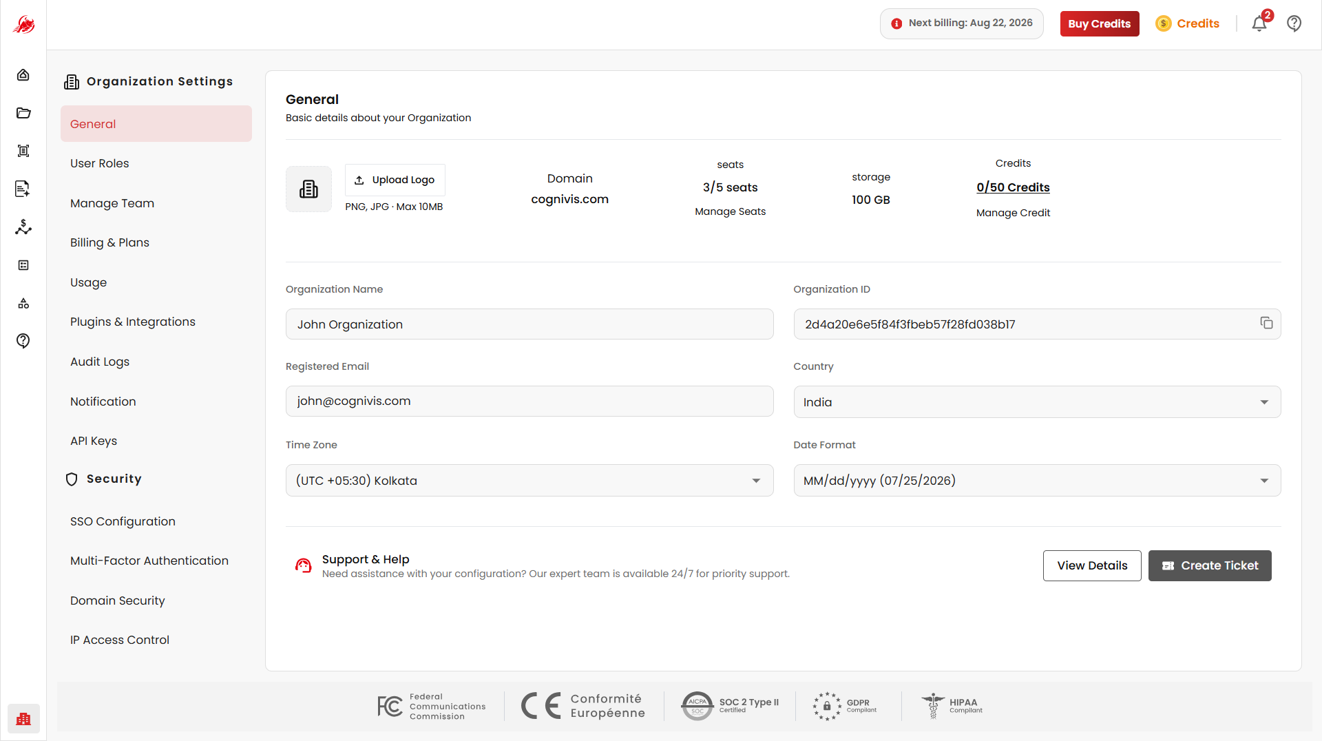 Organisation Settings page