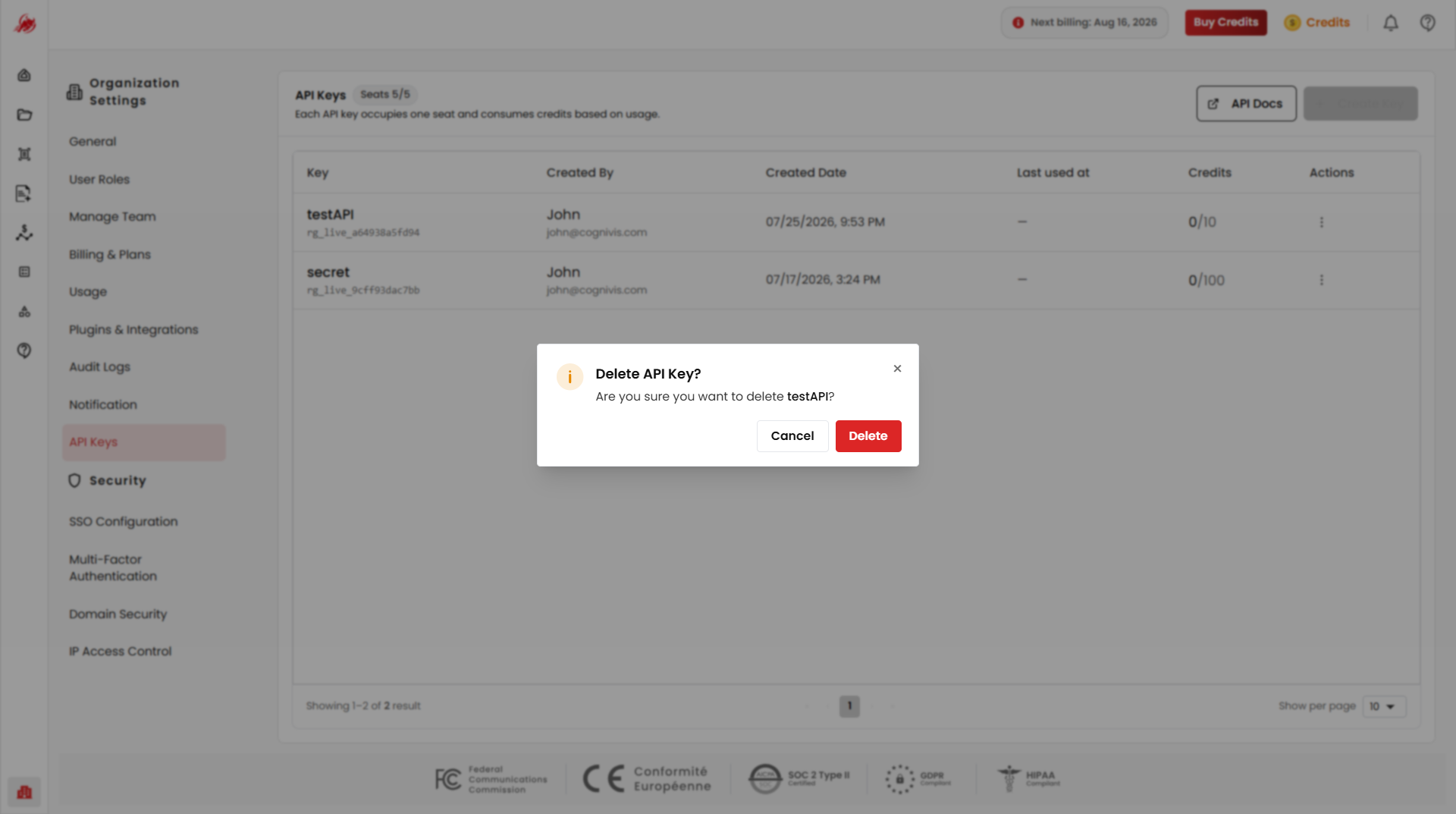 Delete an API key