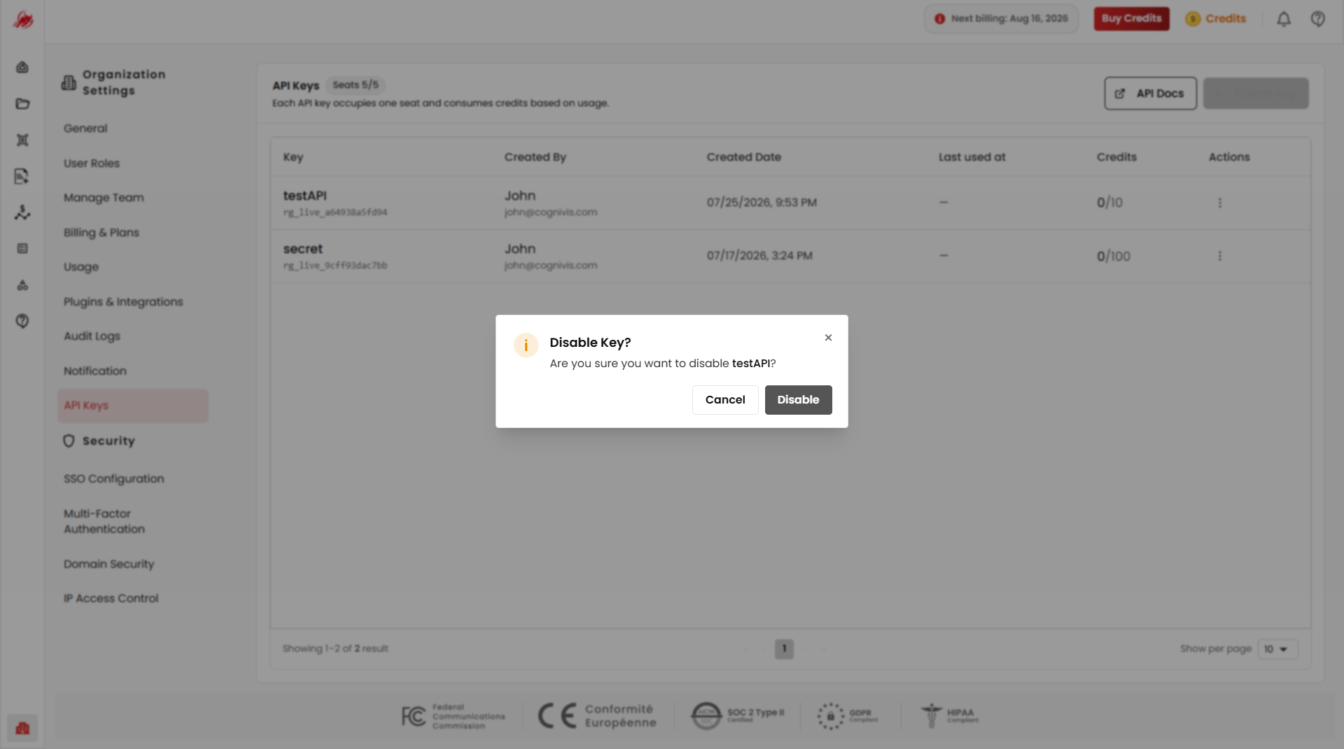 Disable an API key