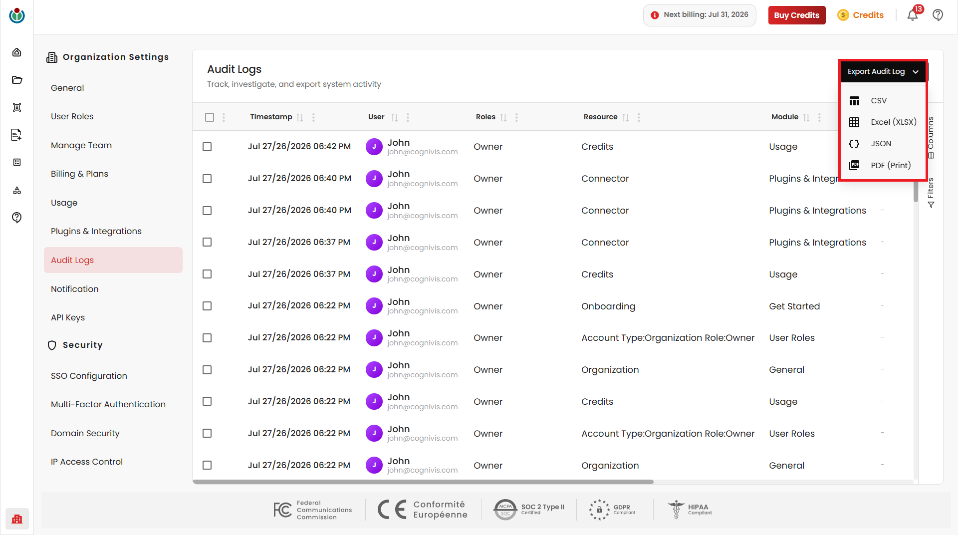 Export Audit Log