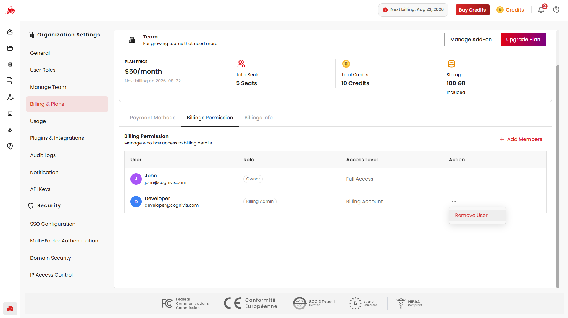 Billing Permissions - Remove User