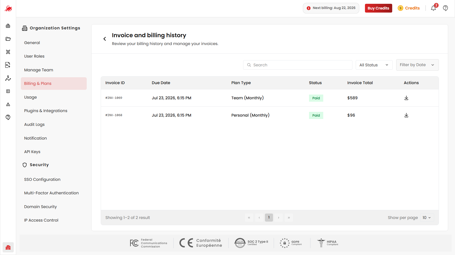Invoice History Page
