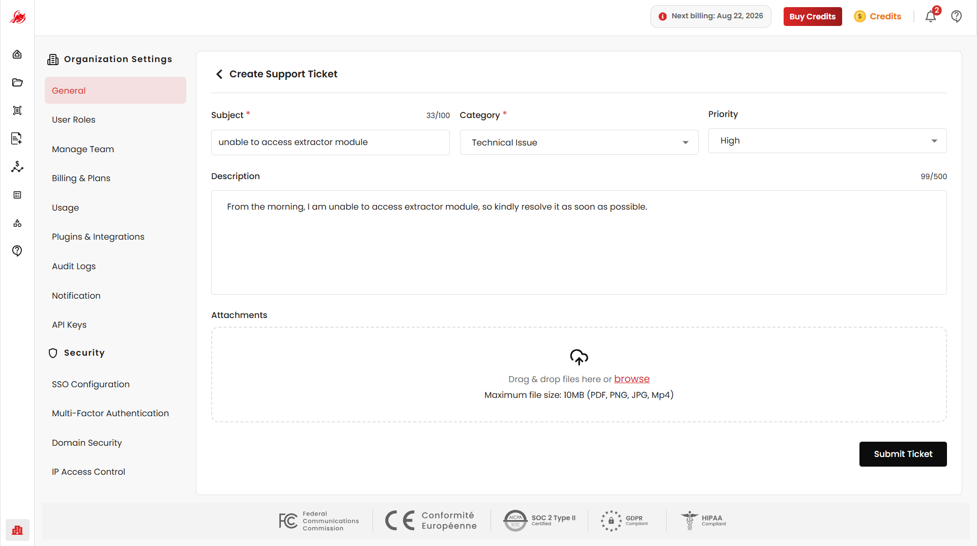 Create Support Ticket