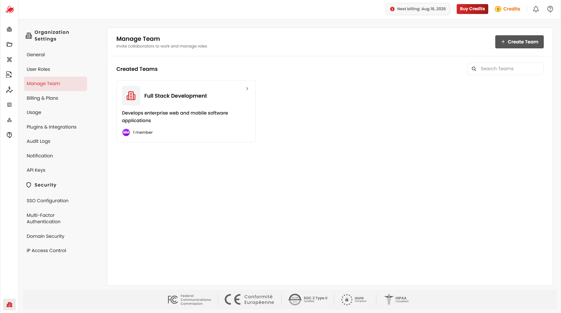 Manage Team page