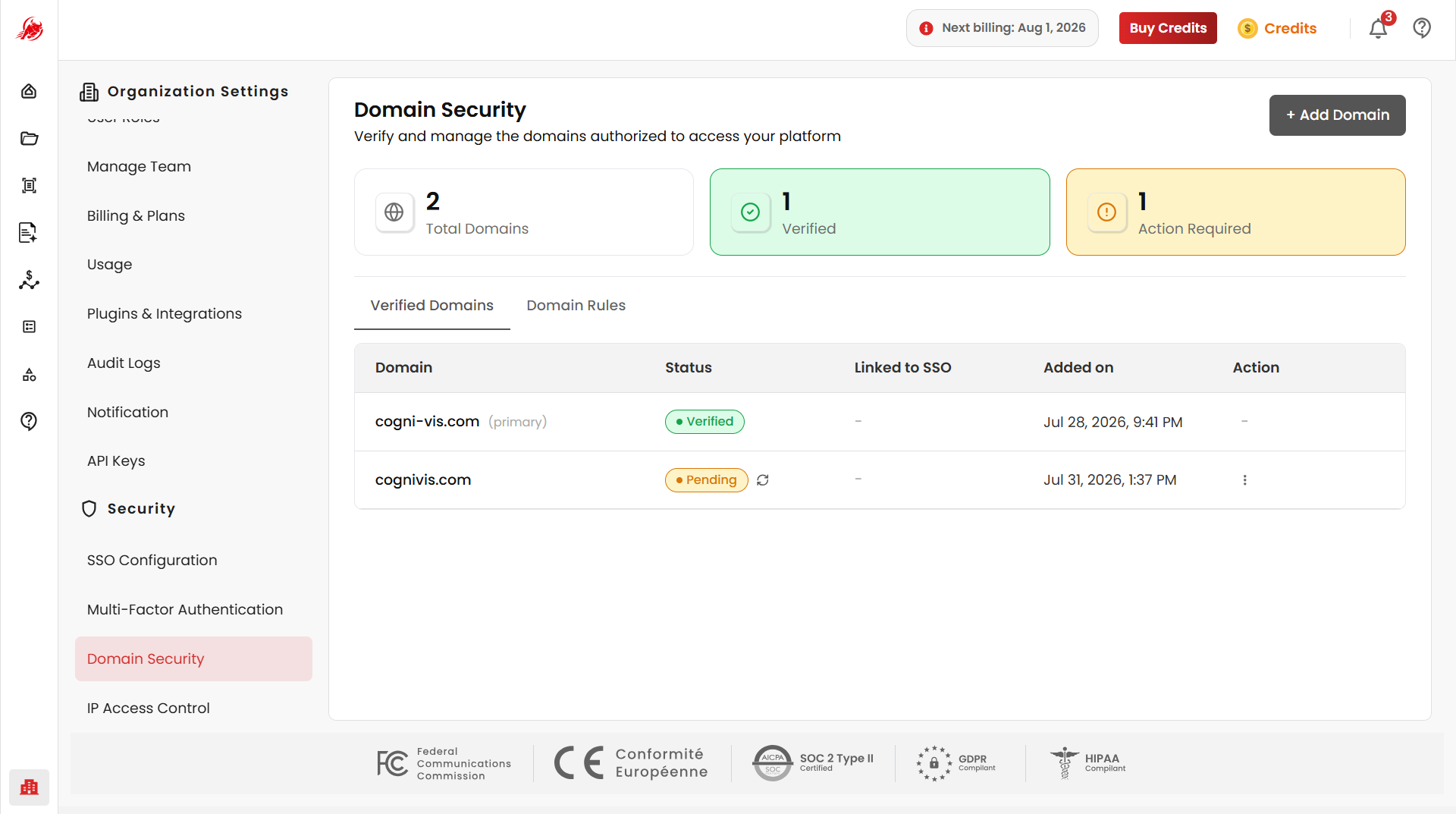 Domain Security page