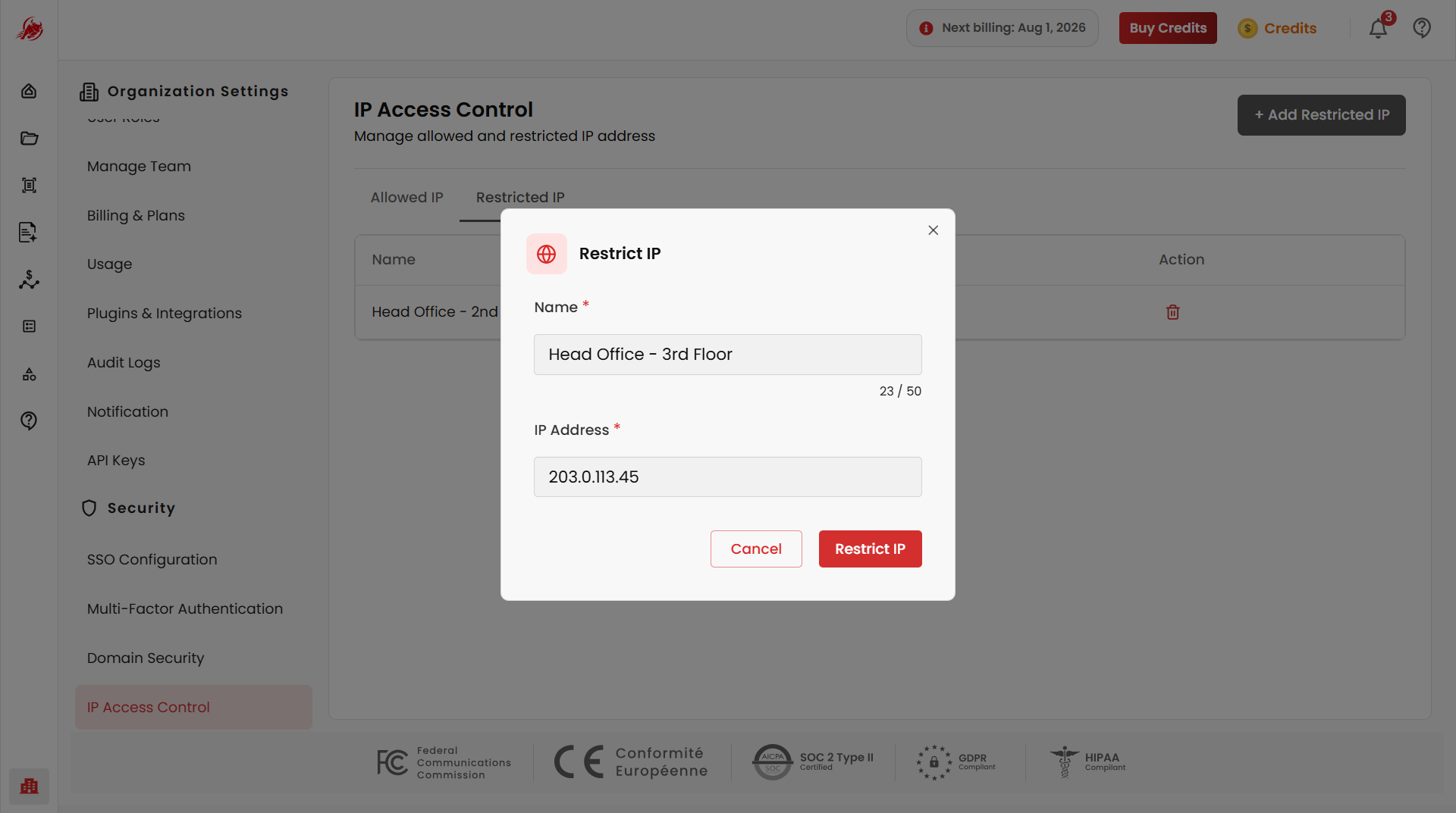 Add Restricted IP form
