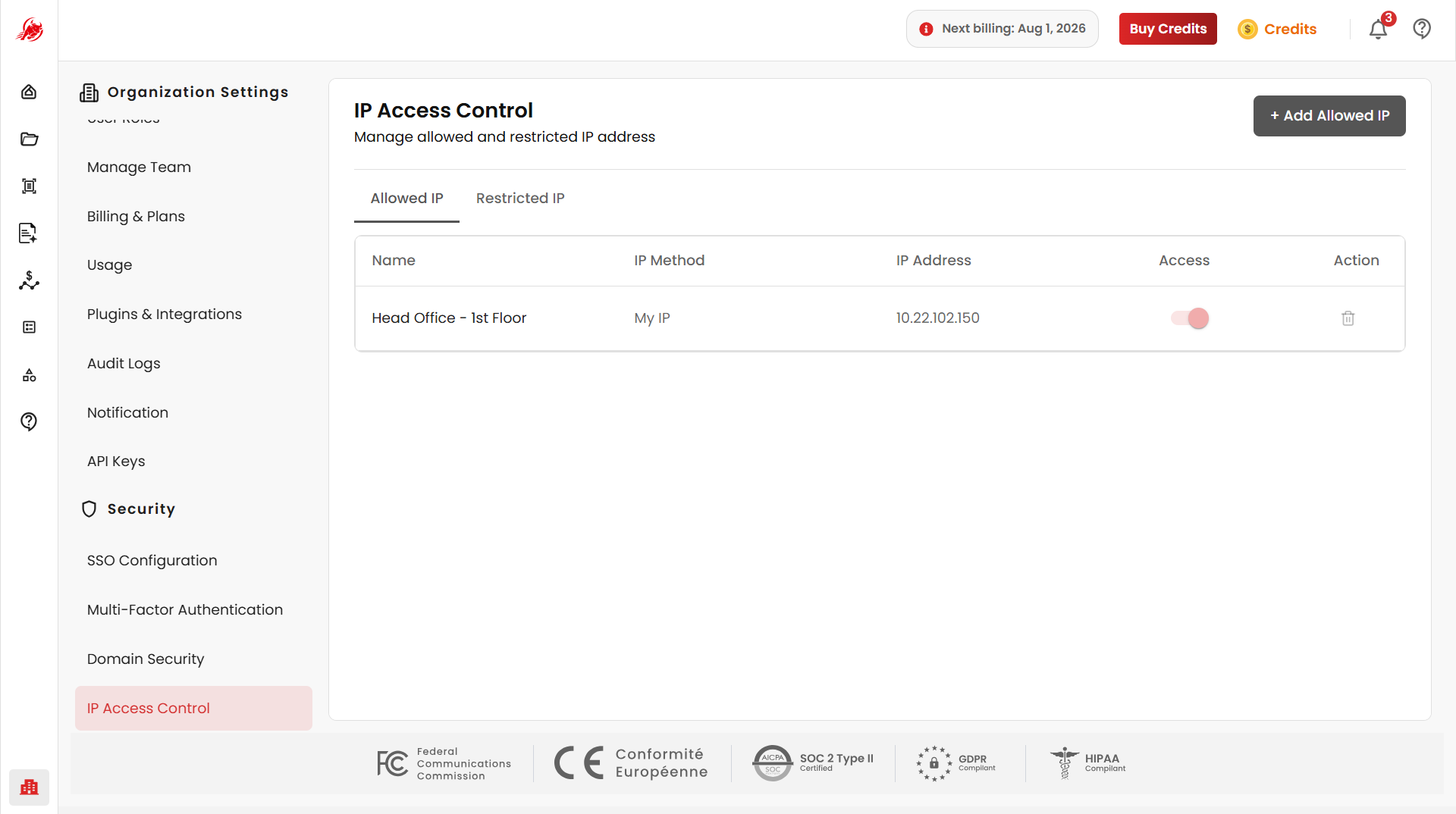 IP Access Control page