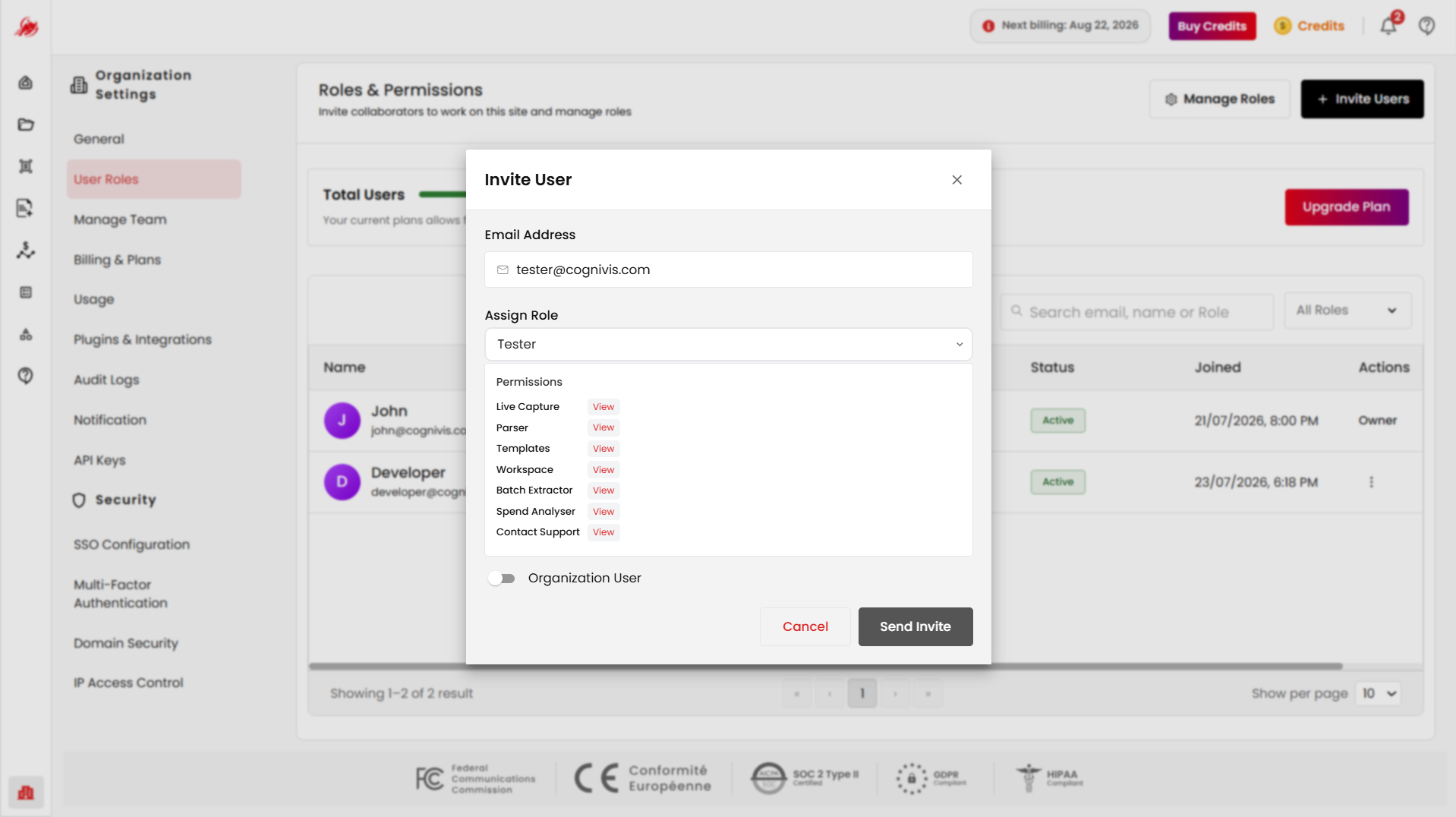 Invite Users Popup