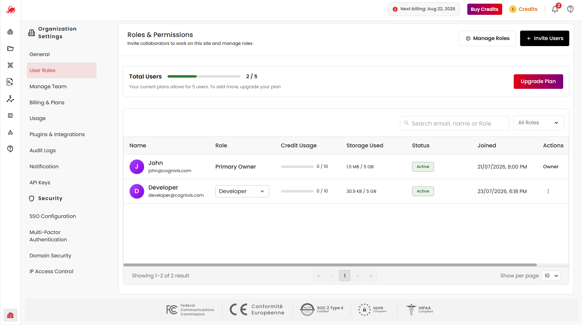 User Roles Page