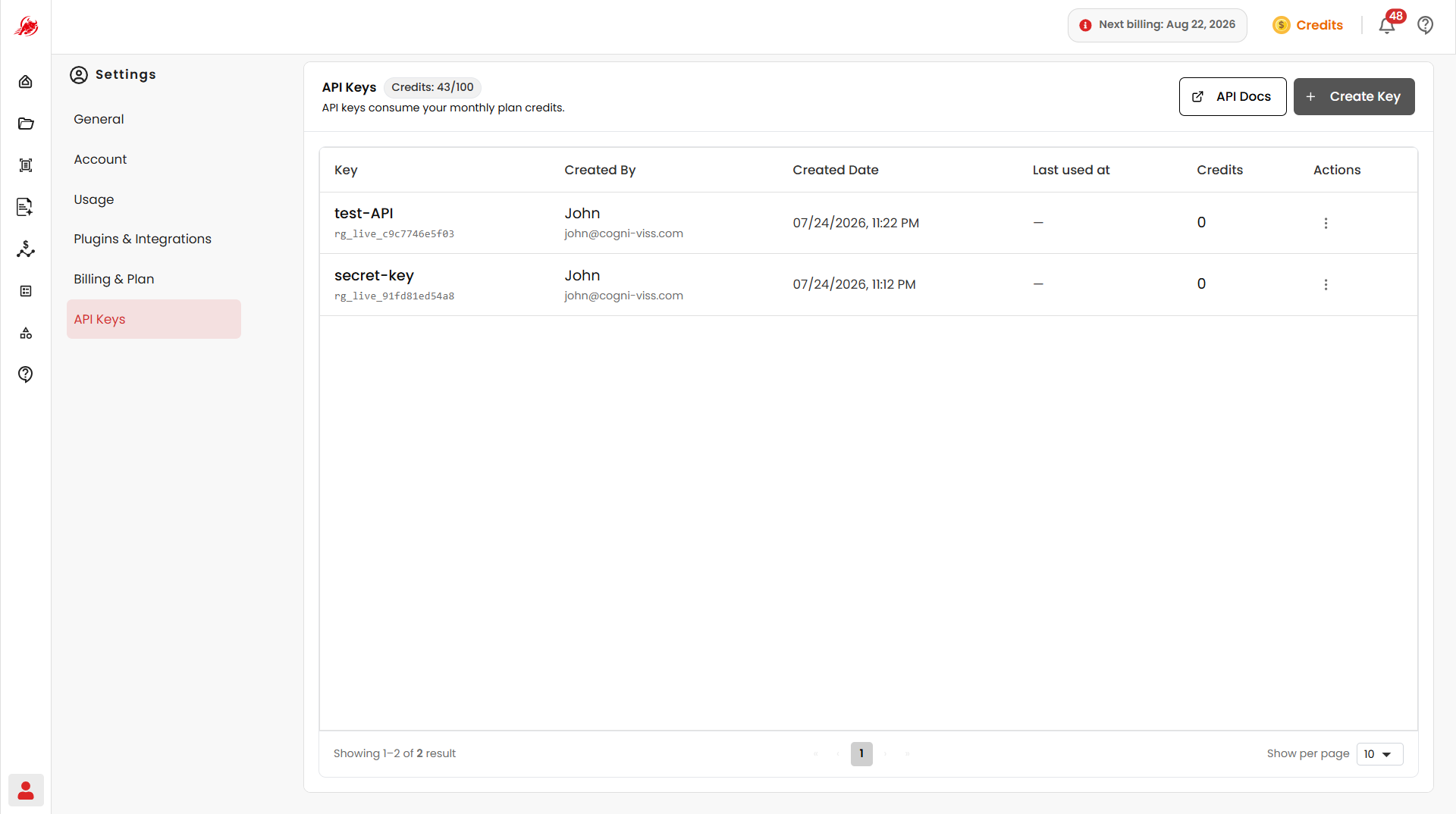 API Keys page