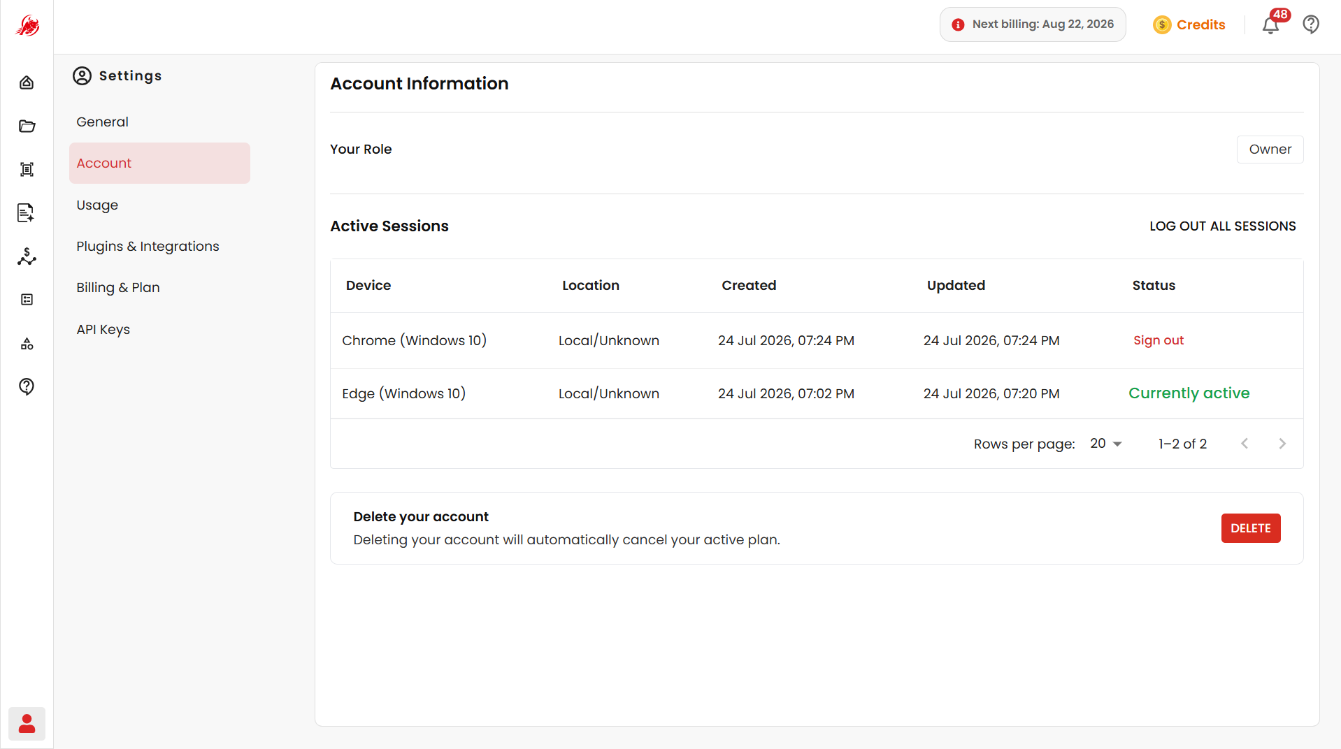 Account settings page