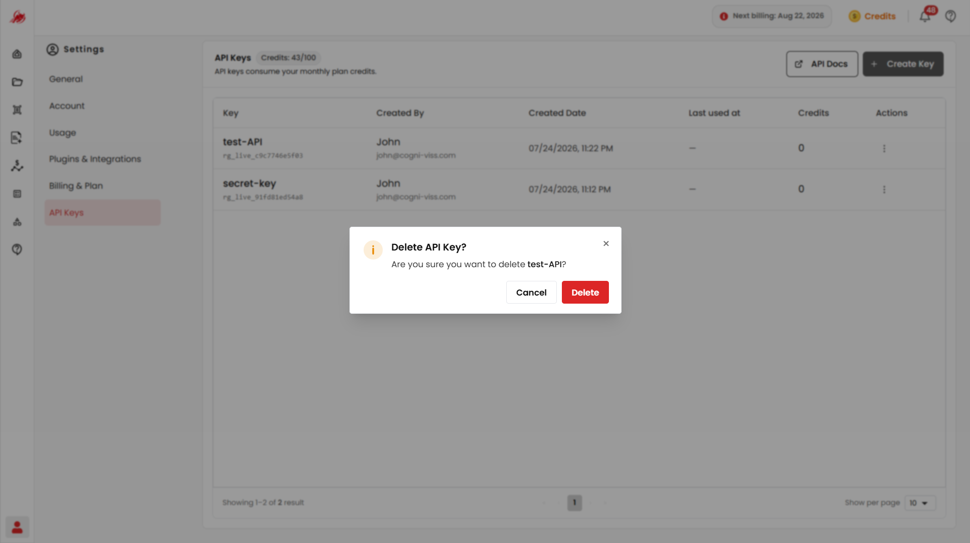 Delete an API key