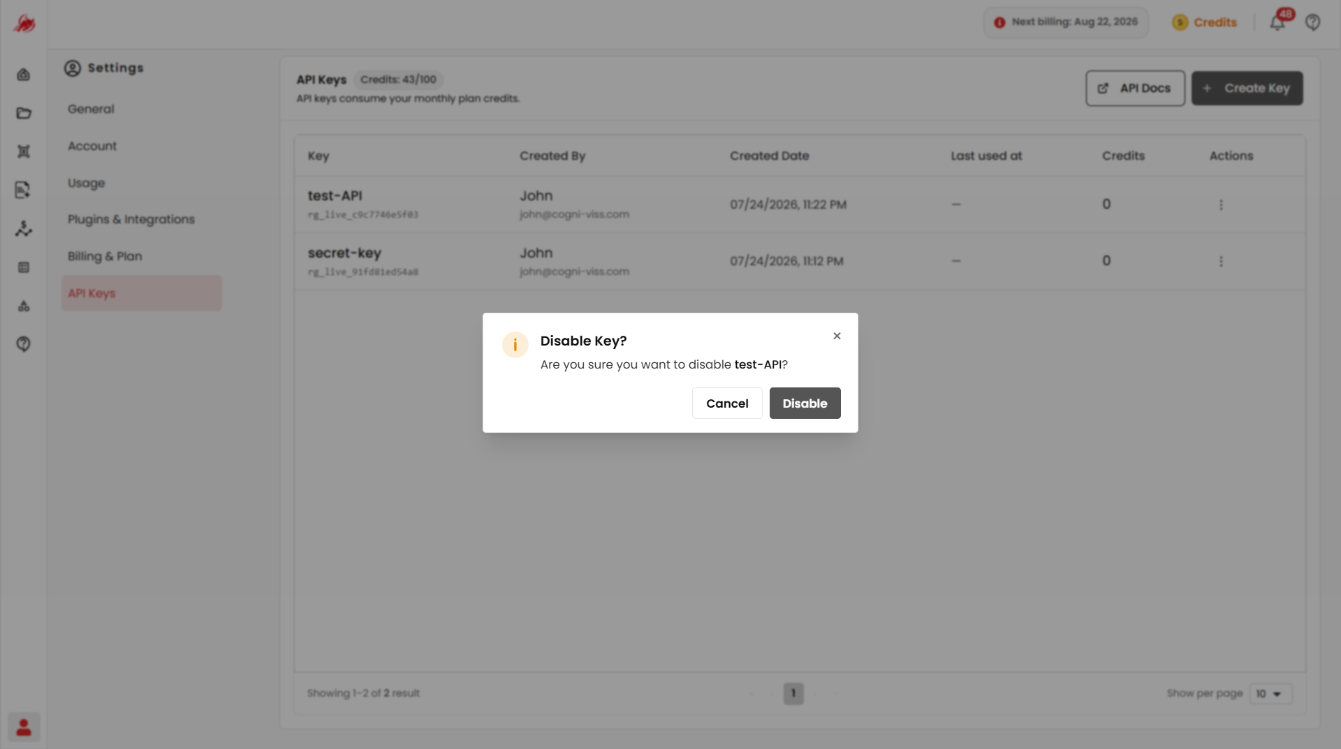Disable an API key