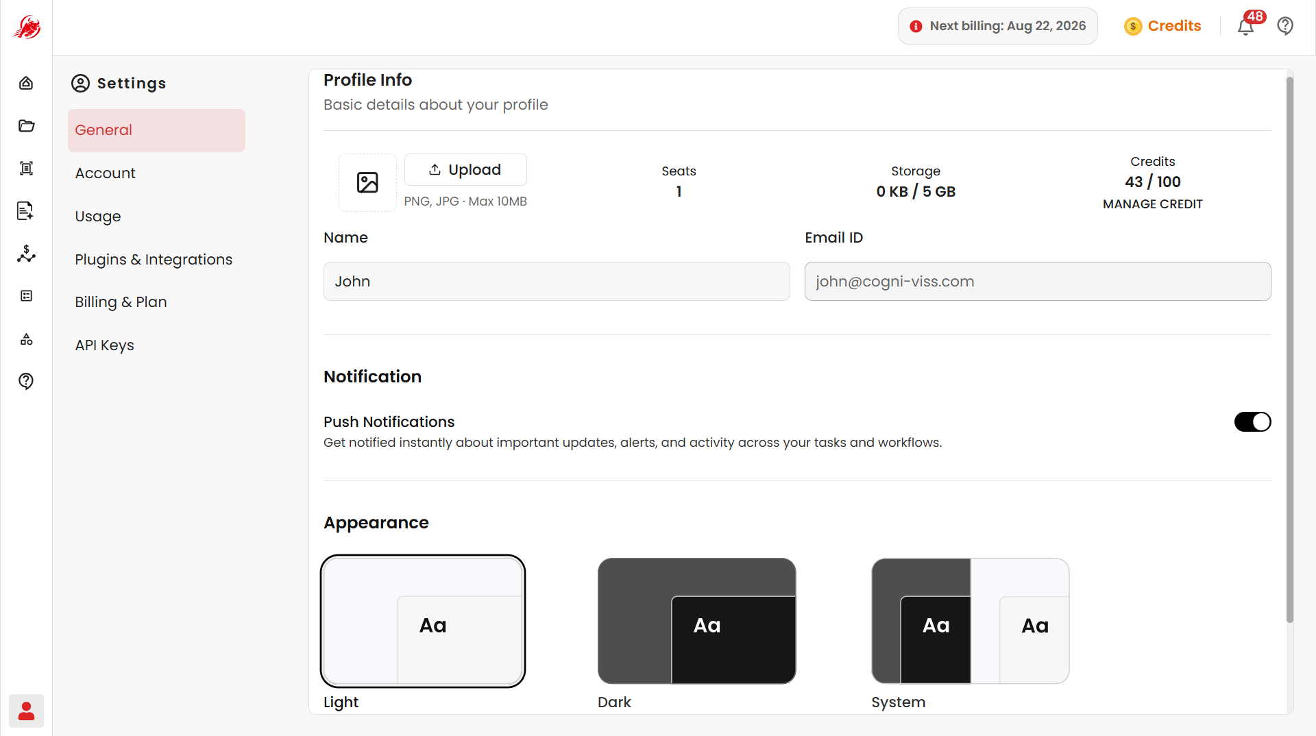 General settings page