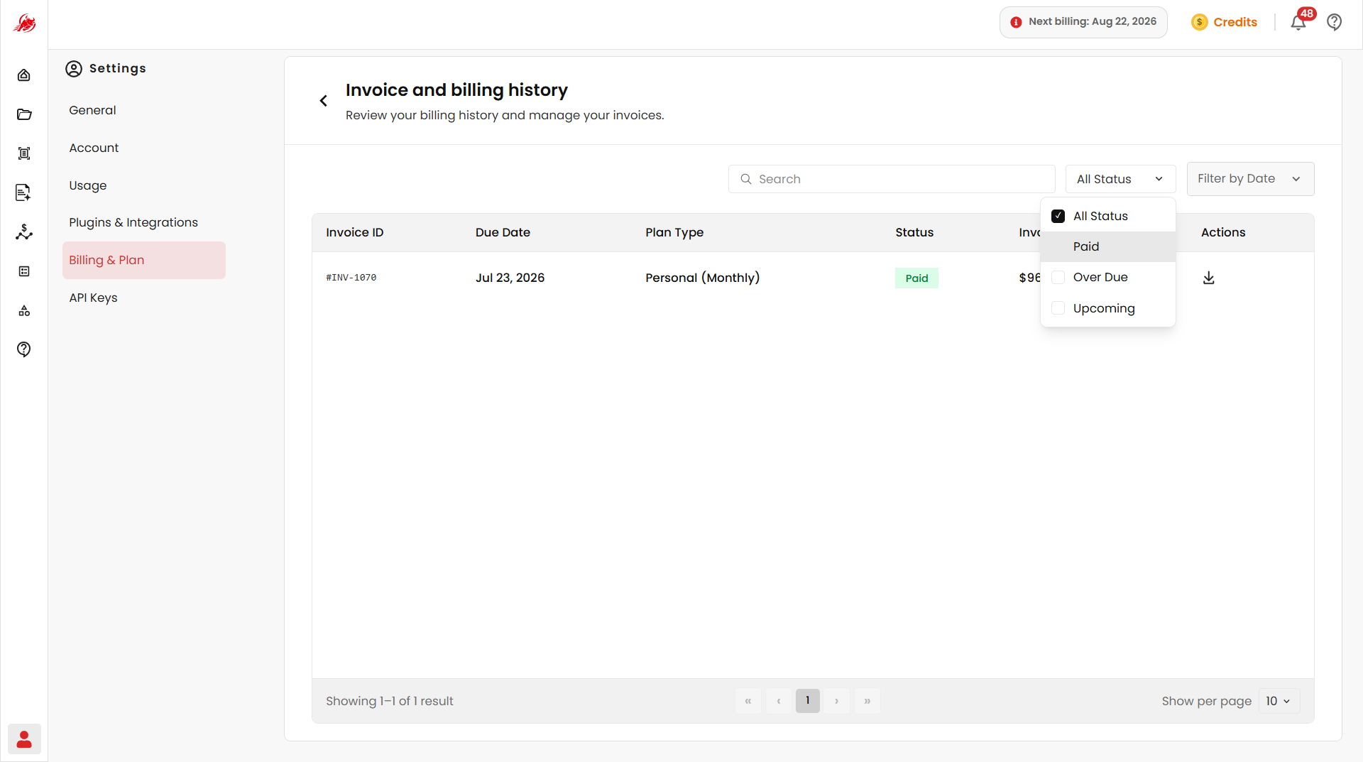 Invoice status filter