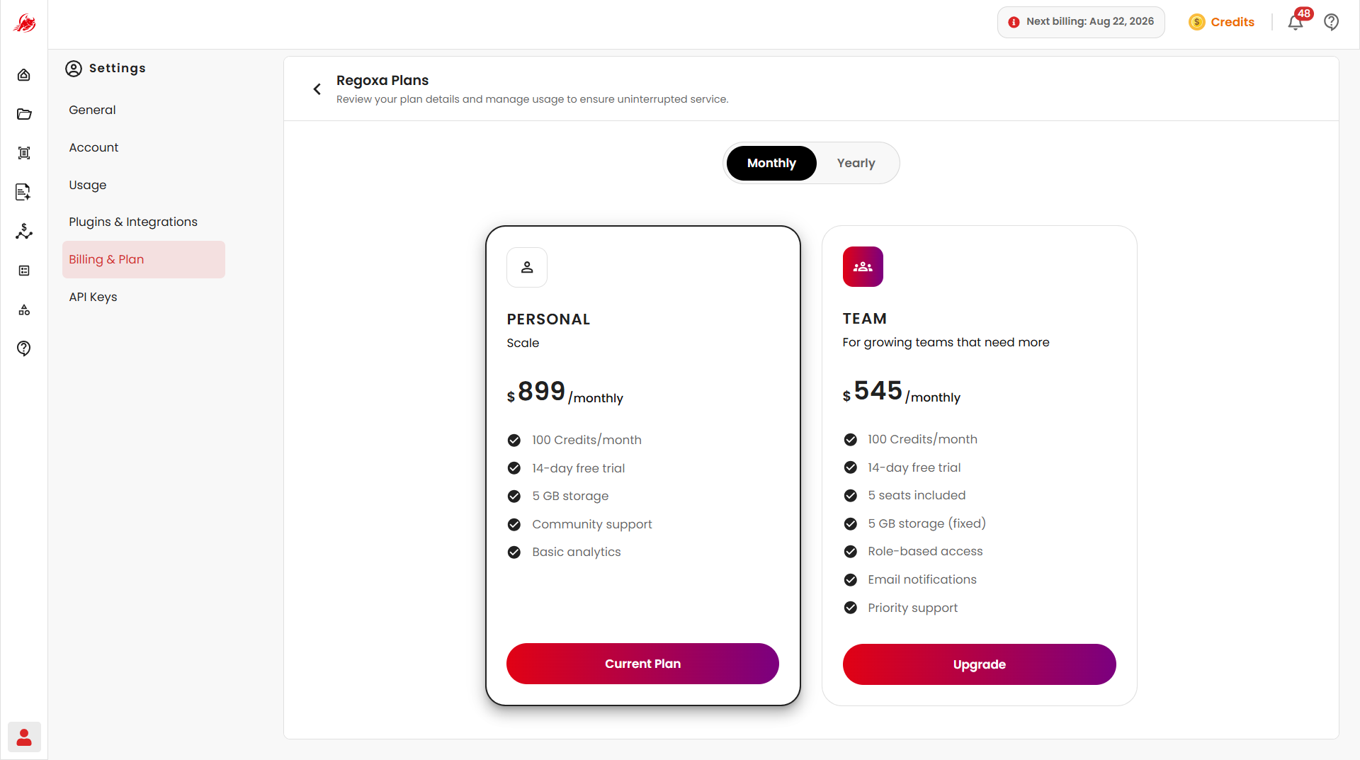 Regoxa plans, monthly