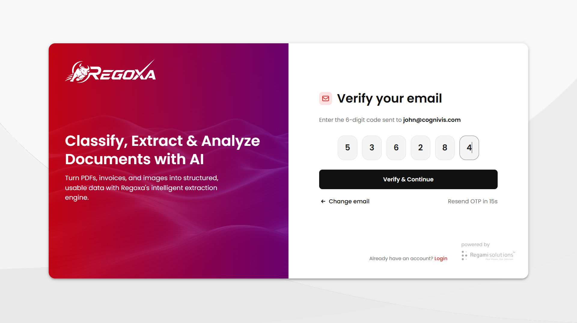 Email verification screen with OTP entered