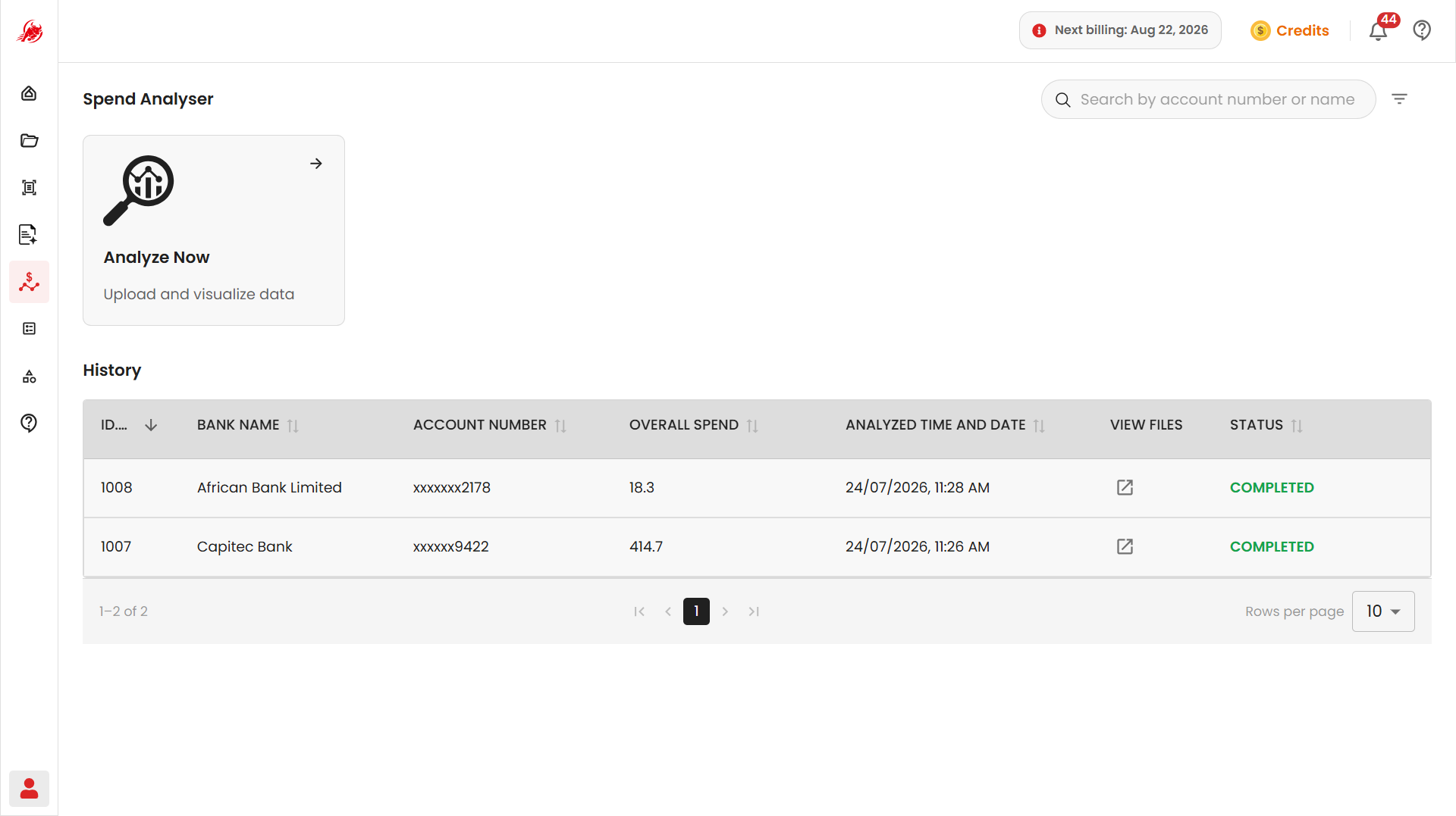 Spend Analyser home page